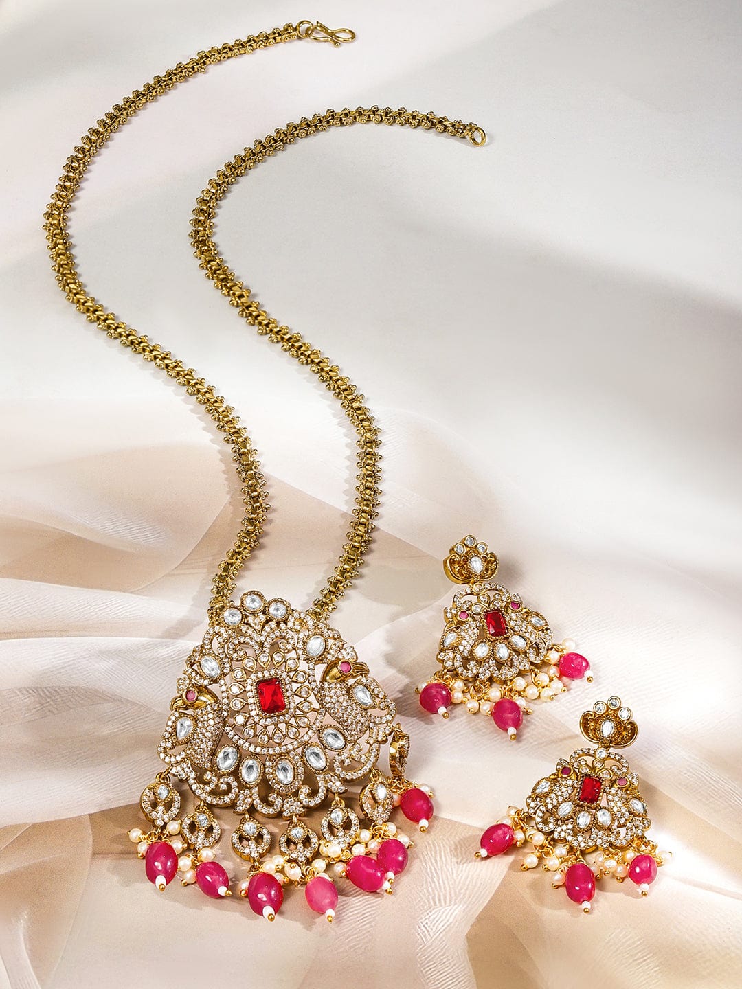 Rubans 22K Gold-Plated Ruby Pink & Cubic Zirconia Studded Long Necklace Set with Ruby Pink & White Pearls Beaded Accents