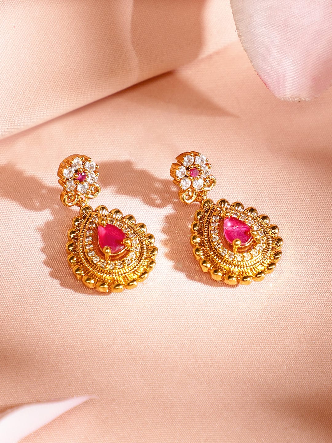 Rubans 22K Gold-Plated Ruby Pink & Emerald Cubic Zirconia Studded Handcrafted Necklace Set