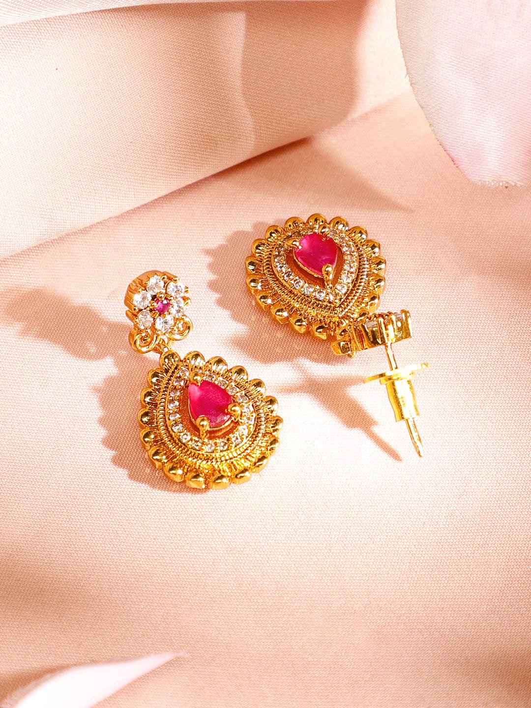 Rubans 22K Gold-Plated Ruby Pink & Emerald Cubic Zirconia Studded Handcrafted Necklace Set
