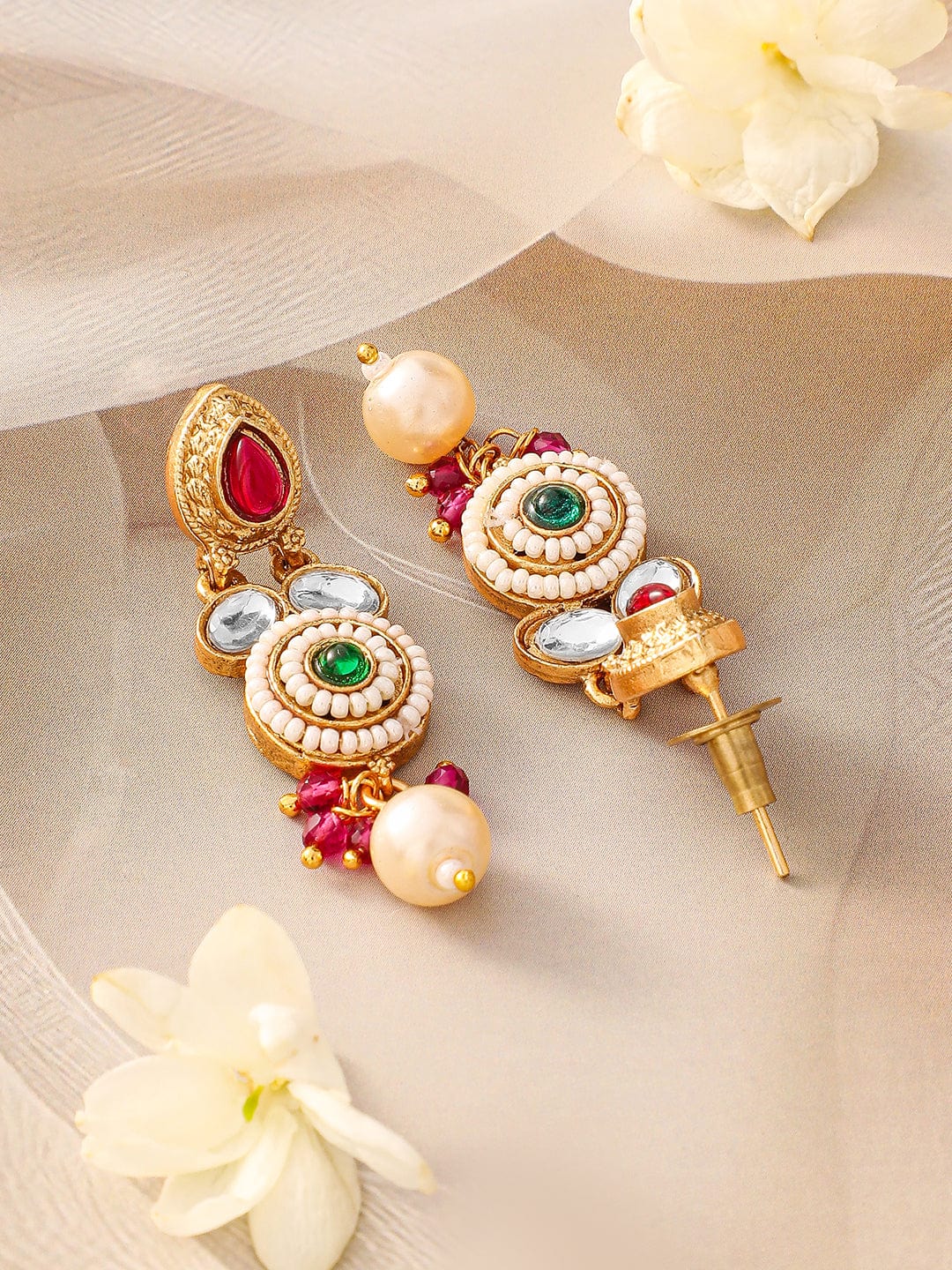 Rubans 22K Gold-Plated Ruby Pink, Emerald Green, Kundan & Pearl Bead Accents Necklace Set
