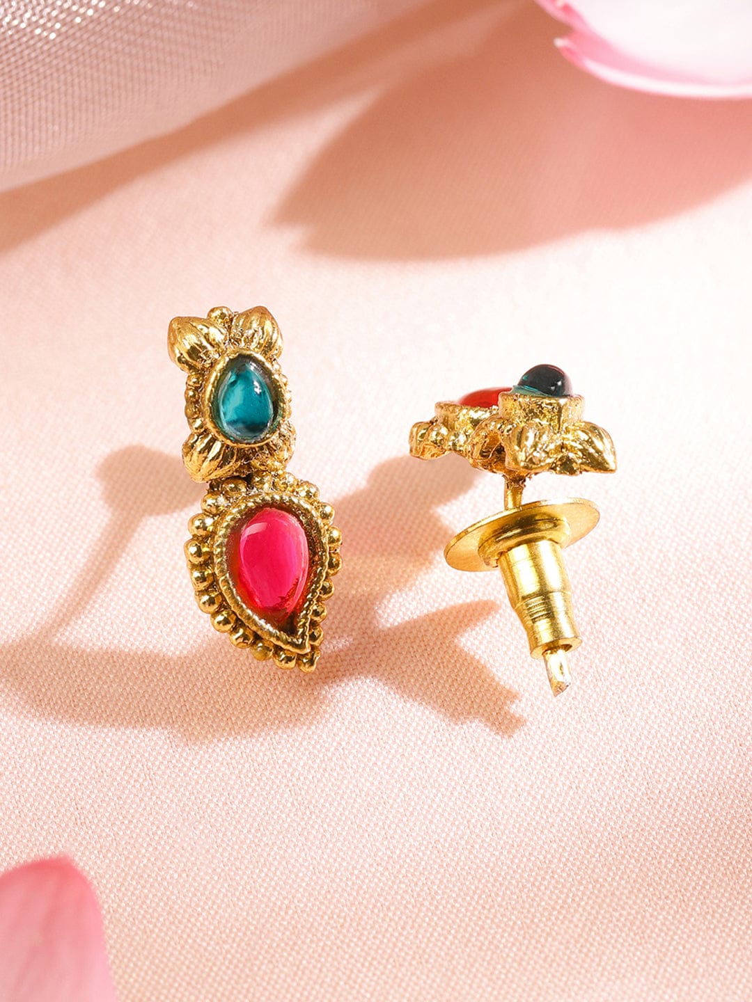 Rubans 22K Gold-Plated Ruby Pink & Emerald Green Stone-Studded Necklace Set with Drop Danglers