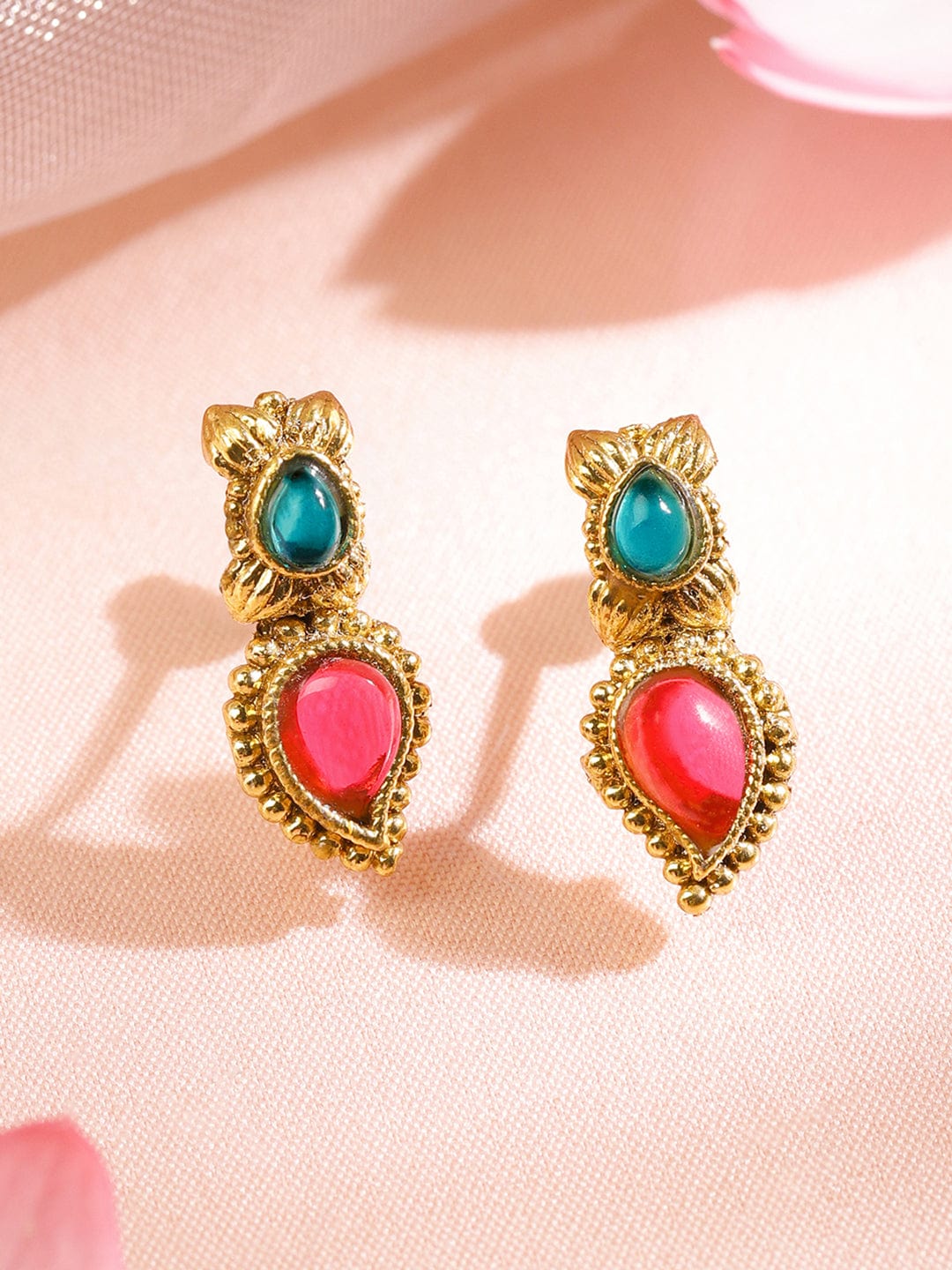 Rubans 22K Gold-Plated Ruby Pink & Emerald Green Stone-Studded Necklace Set with Drop Danglers