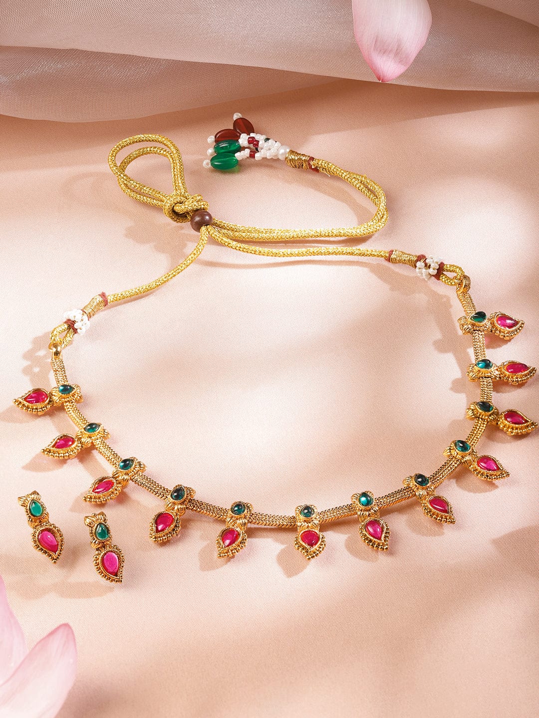 Rubans 22K Gold-Plated Ruby Pink & Emerald Green Stone-Studded Necklace Set with Drop Danglers