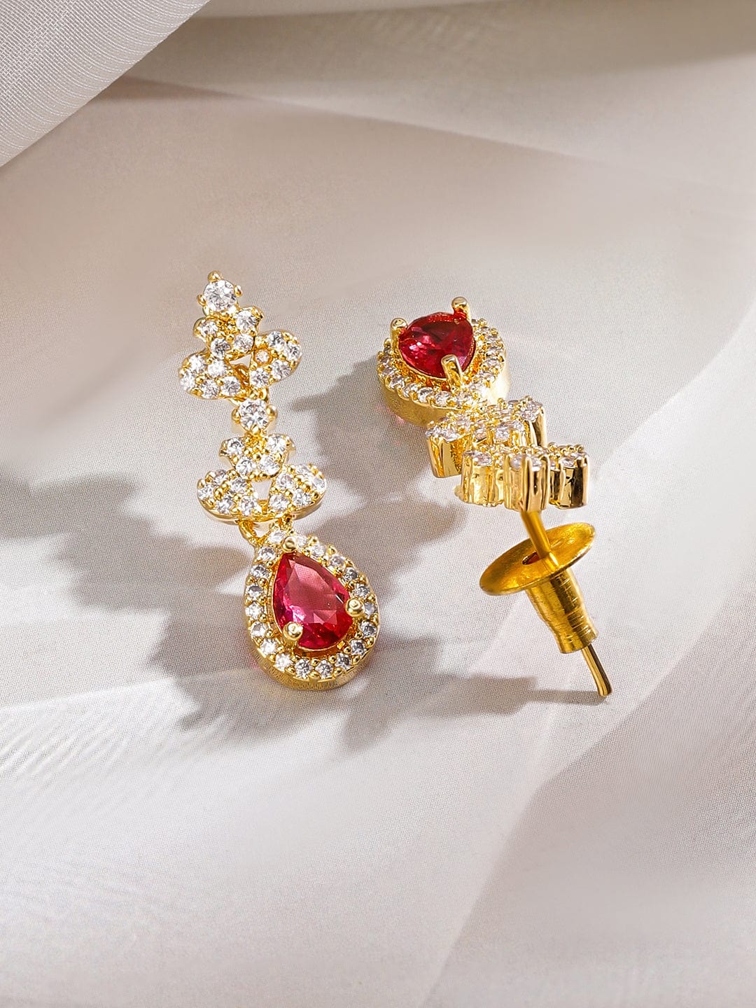 Rubans 22K Gold-Plated Ruby Pink & White Cubic Zirconia Studded Necklace Set with Earrings