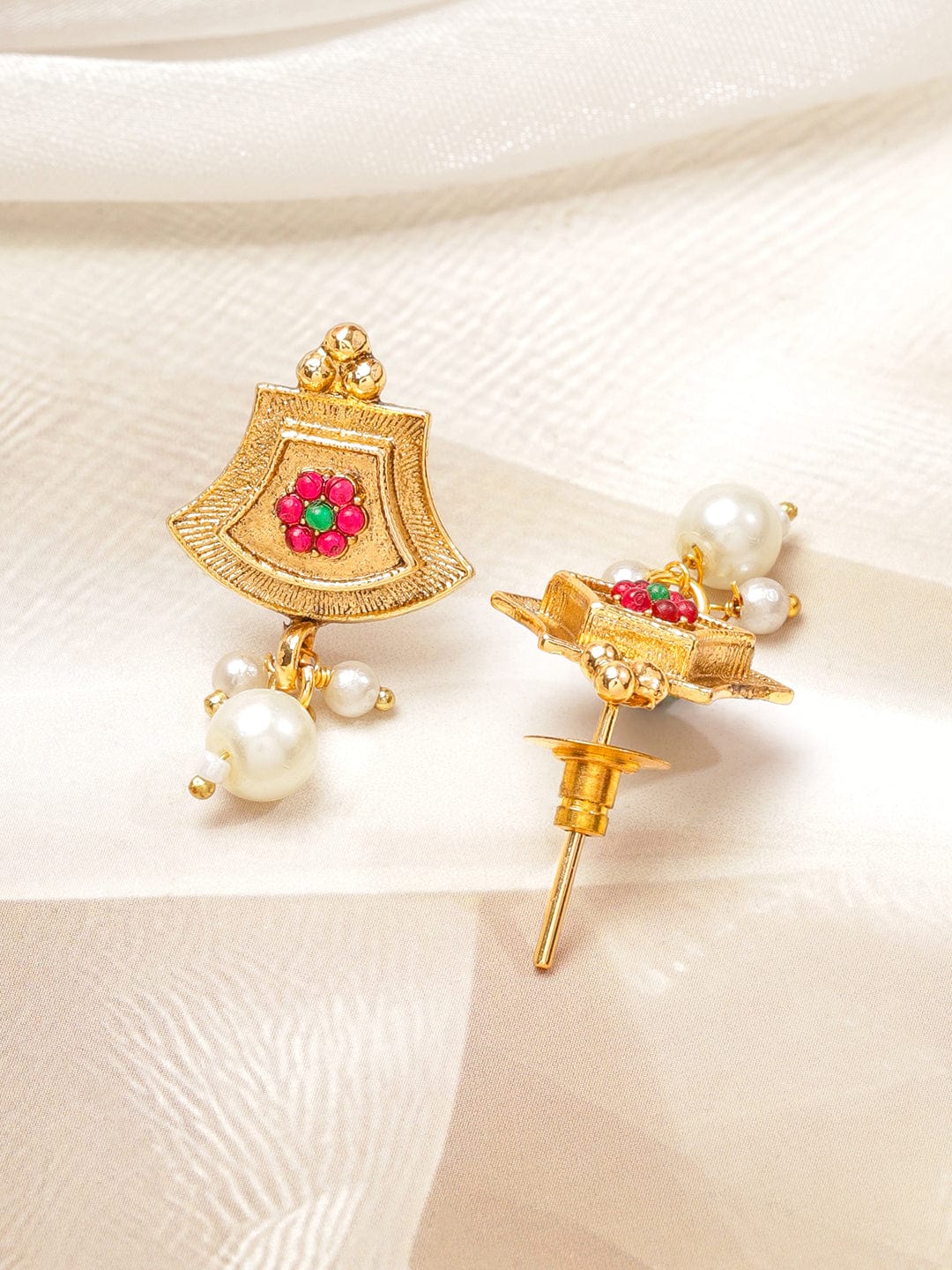 Rubans 22K Gold-Plated Ruby Red Enamel Pearl Beaded Brass Temple Necklace Set