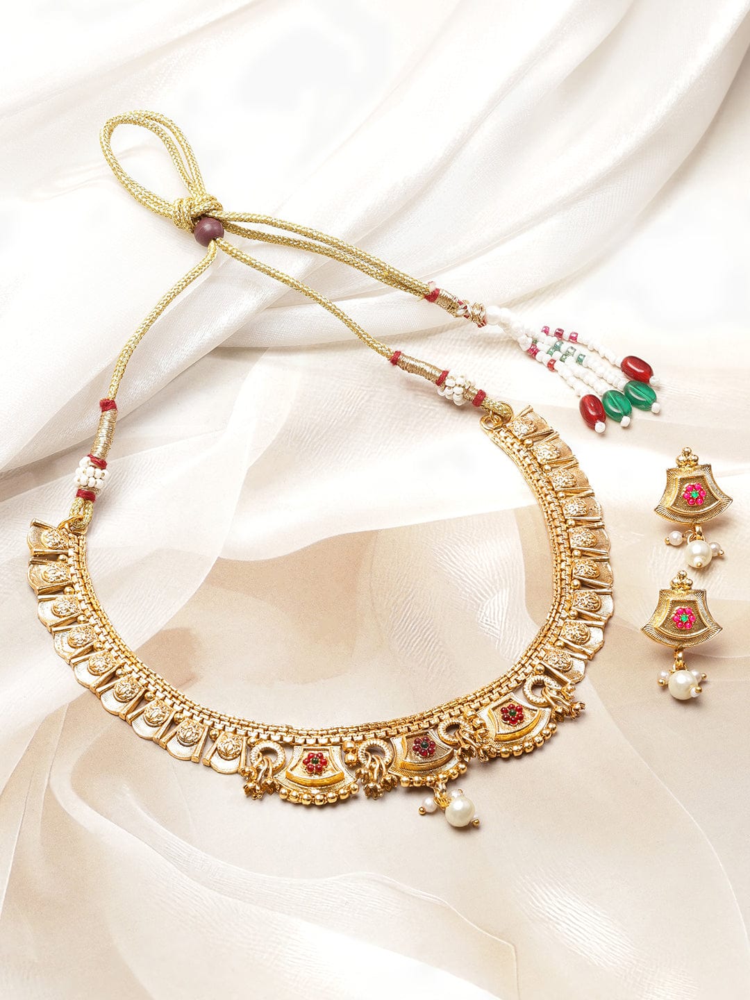 Rubans 22K Gold-Plated Ruby Red Enamel Pearl Beaded Brass Temple Necklace Set