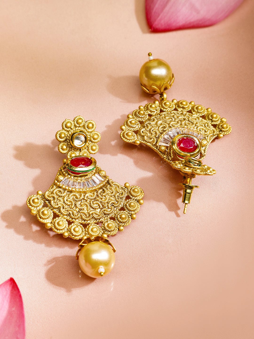 Rubans 22K Gold-Plated Ruby Red Stone Studded Traditional Temple Long Necklace Set for Women
