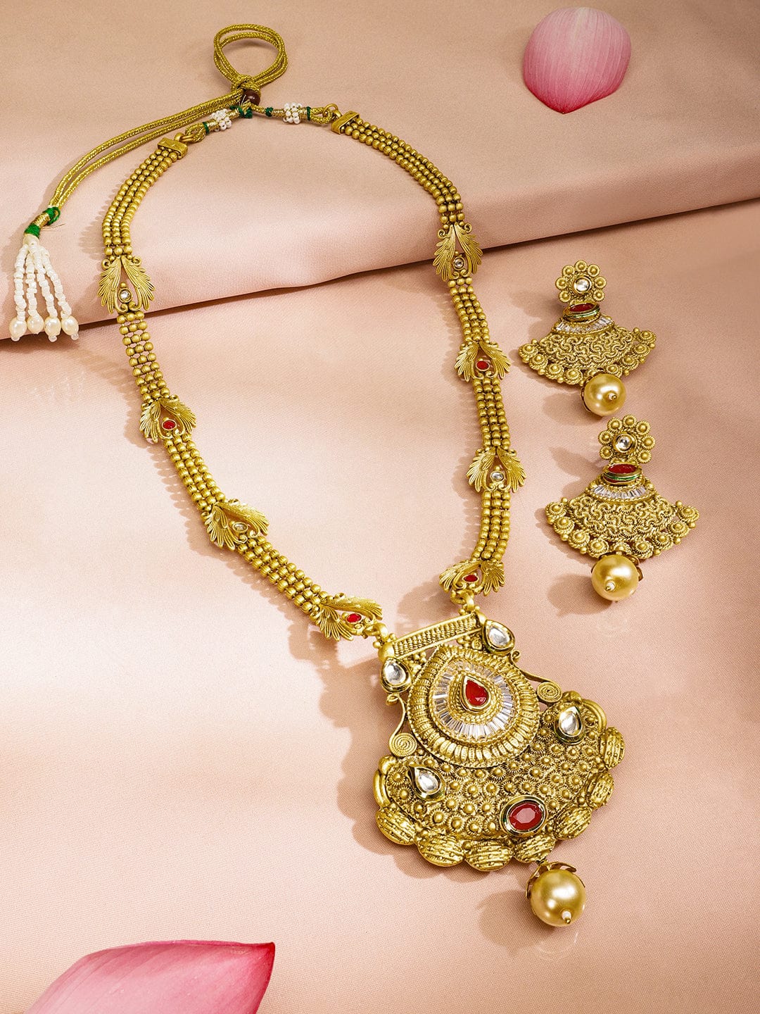 Rubans 22K Gold-Plated Ruby Red Stone Studded Traditional Temple Long Necklace Set for Women