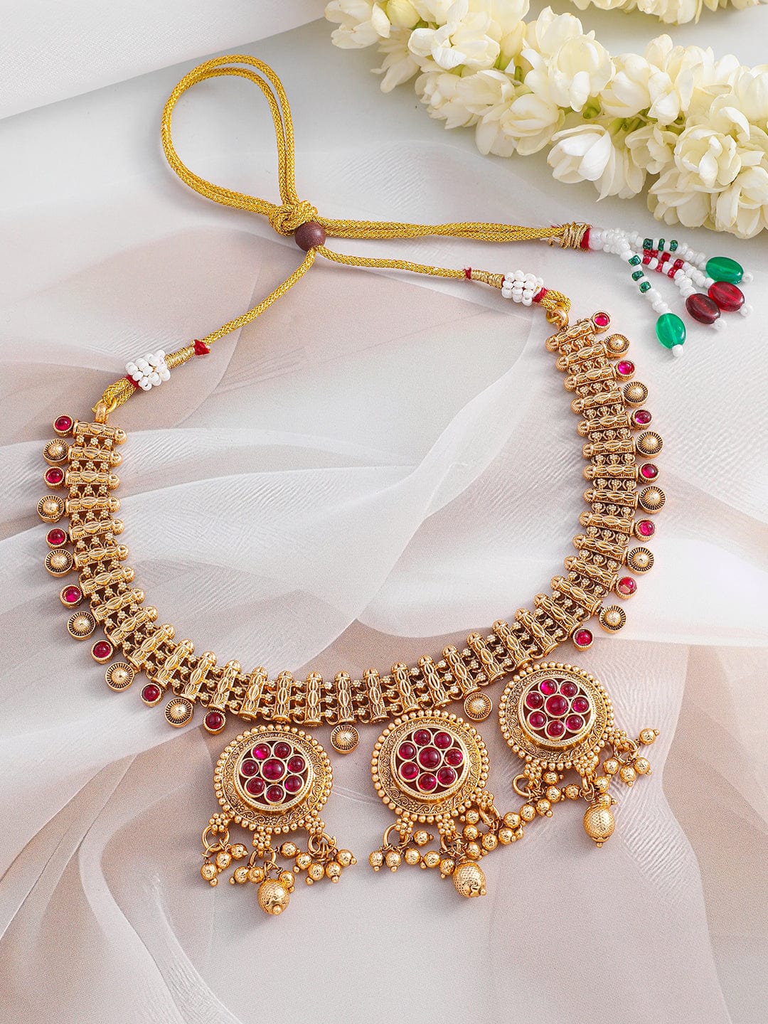 Rubans 22K Gold-Plated Ruby Stone & Golden Beads Handcrafted Necklace Set with Floral Medallions