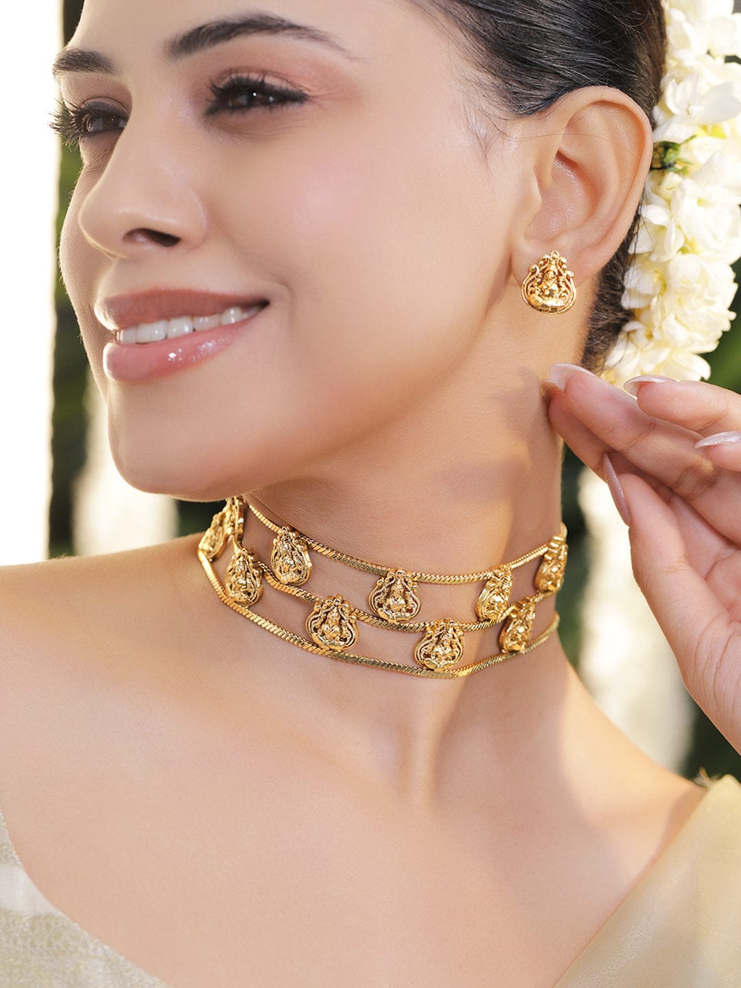 Rubans 22K Gold-Plated Triple Temple-Style Rows Divine Lakshmi Motifs Choker Necklace Set (Copy)