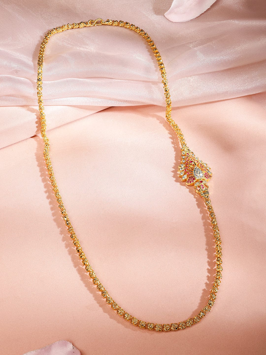 Rubans 22K Gold-Plated Twisted Rope Chain Necklace with Peacock Motif & Ruby Pink Stones