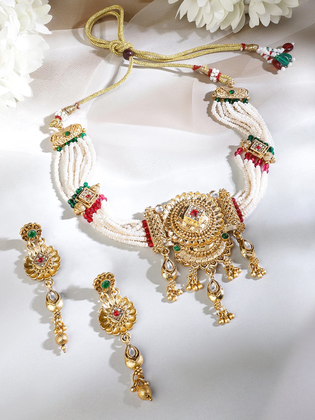 Rubans 22K Gold-Plated White Beaded Floral Choker Necklace Set with Ruby Pink & Emerald Green Stones