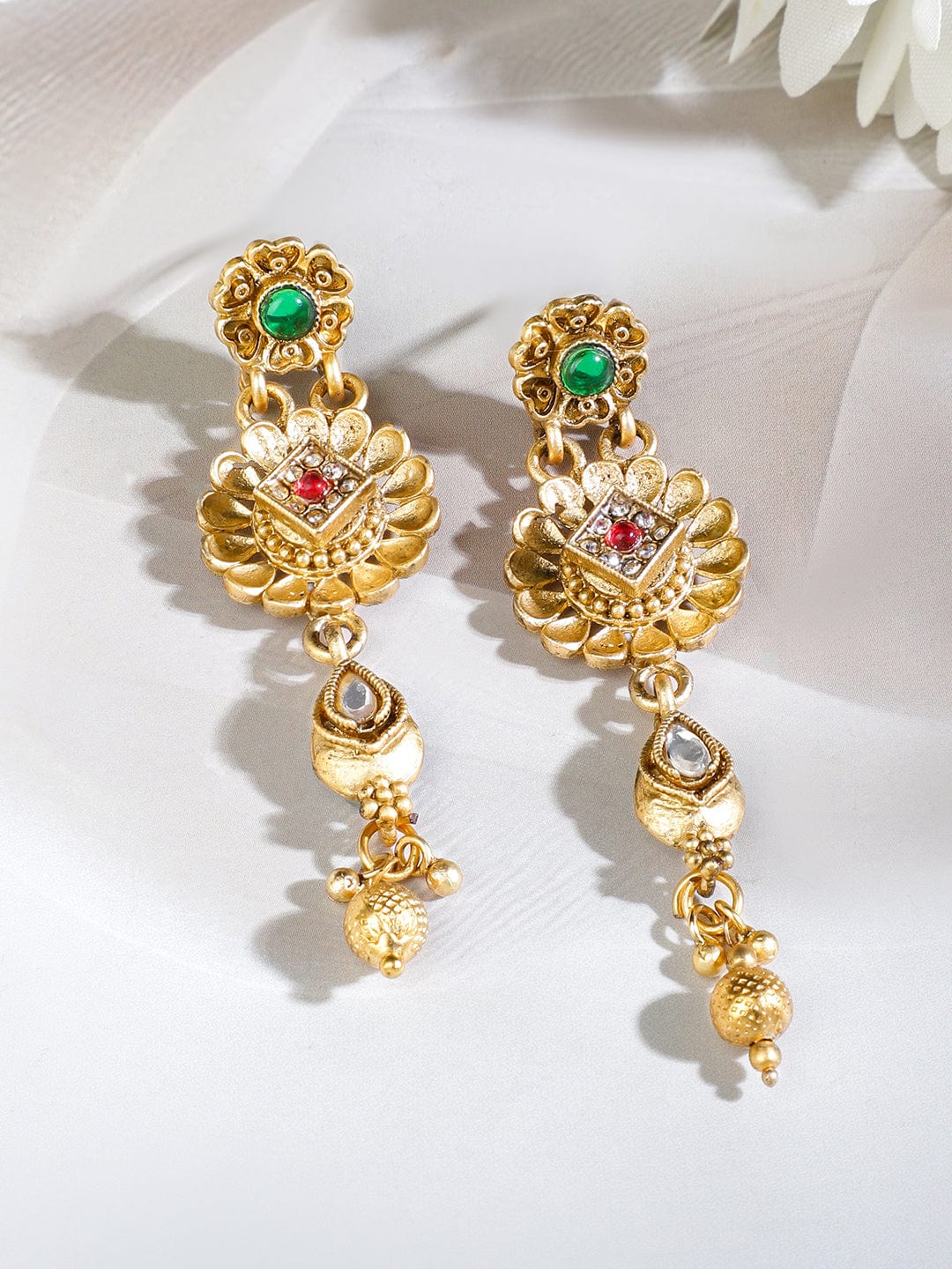 Rubans 22K Gold-Plated White Beaded Floral Choker Necklace Set with Ruby Pink & Emerald Green Stones