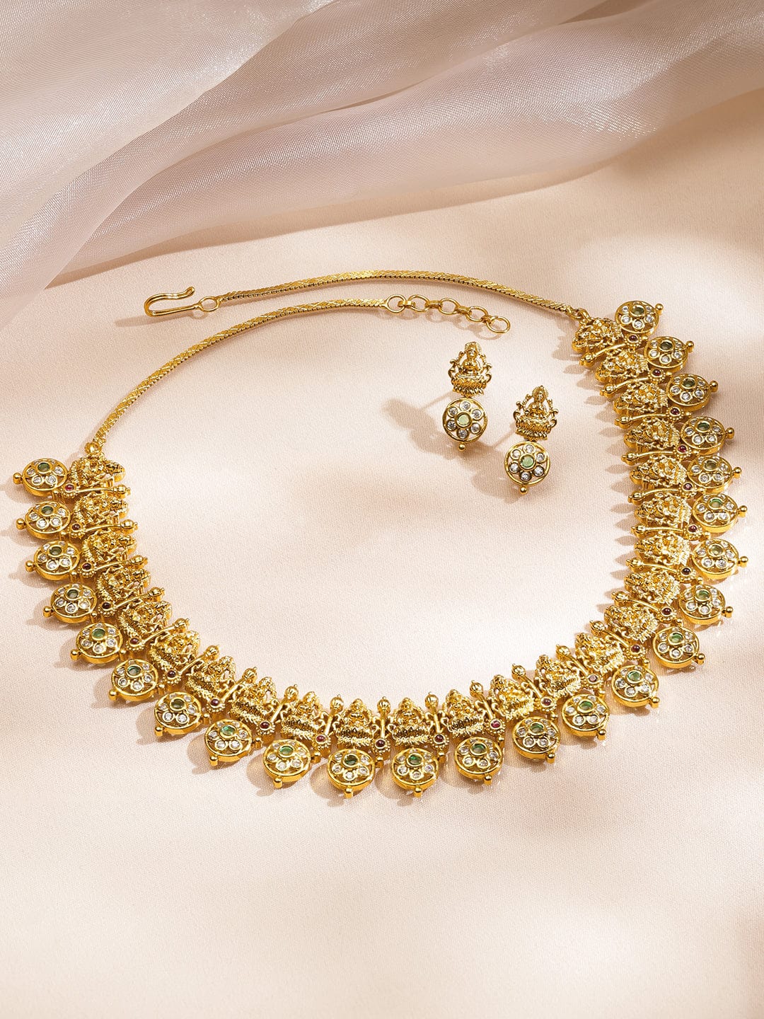 Rubans 22K Gold-Plated White & Green Kundan Studded Brass Temple Floral Necklace Set