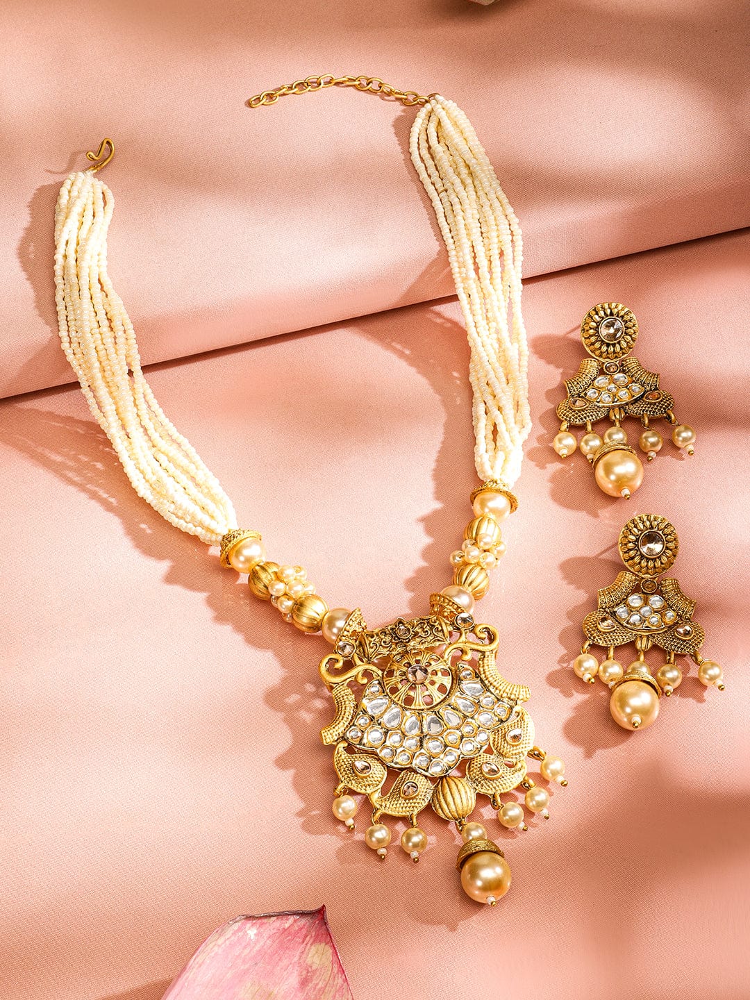 Rubans 22K Gold-Plated White Kundan & Pearl Studded and Beaded Multi-Strand Necklace Set