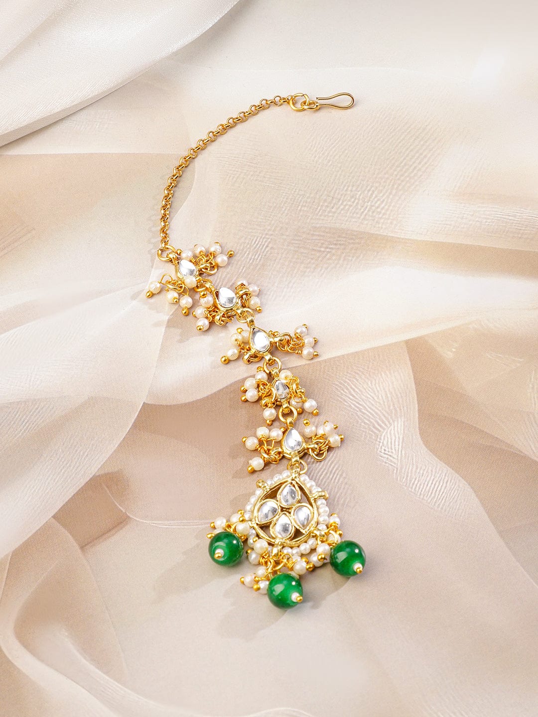 Rubans 22K Gold-Plated White Kundan Studded & Green Pearls Beaded Choker Necklace Set