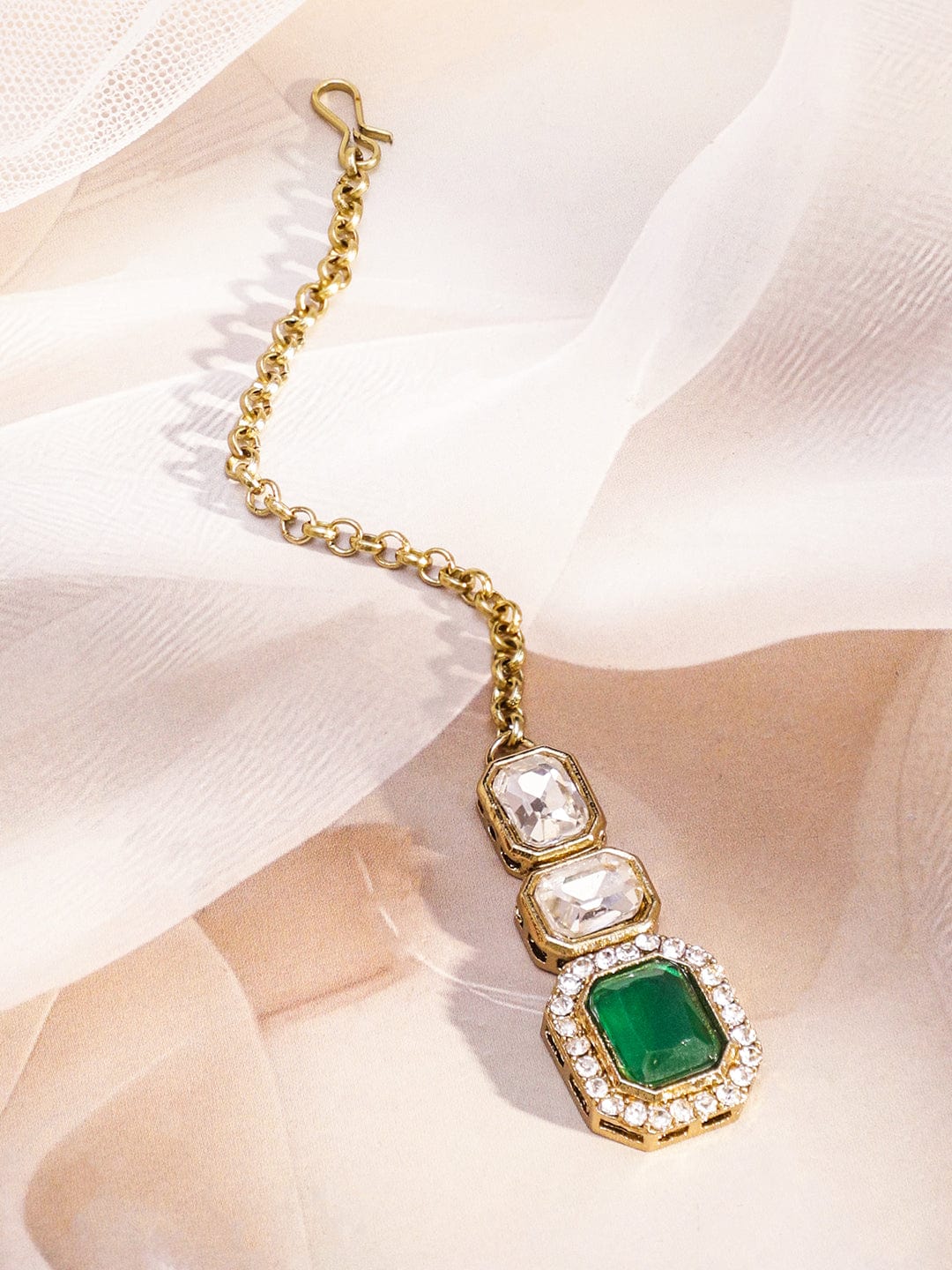 Rubans 22K Gold-Plated White Kundan Studded V-Shaped Necklace Set with Emerald Green Center Stone