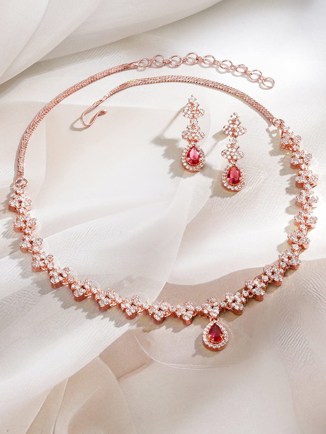 Rubans 22K Rose Gold-Plated Ruby Pink & White Cubic Zirconia Studded Necklace Set with Earrings