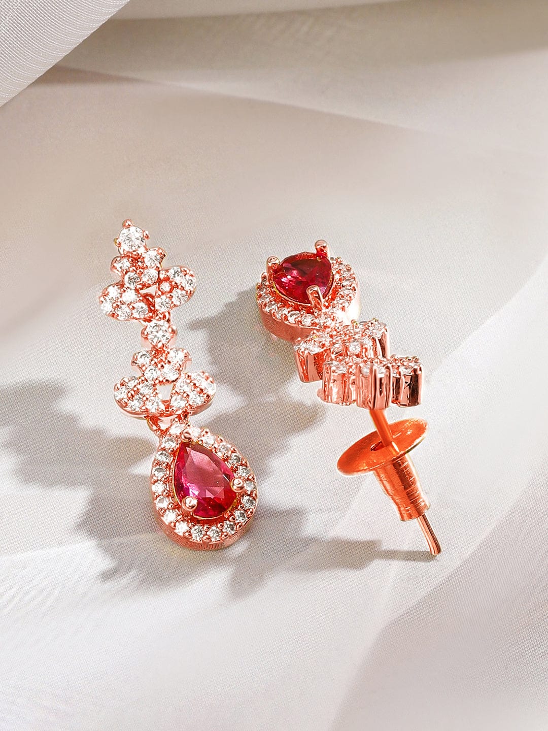 Rubans 22K Rose Gold-Plated Ruby Pink & White Cubic Zirconia Studded Necklace Set with Earrings