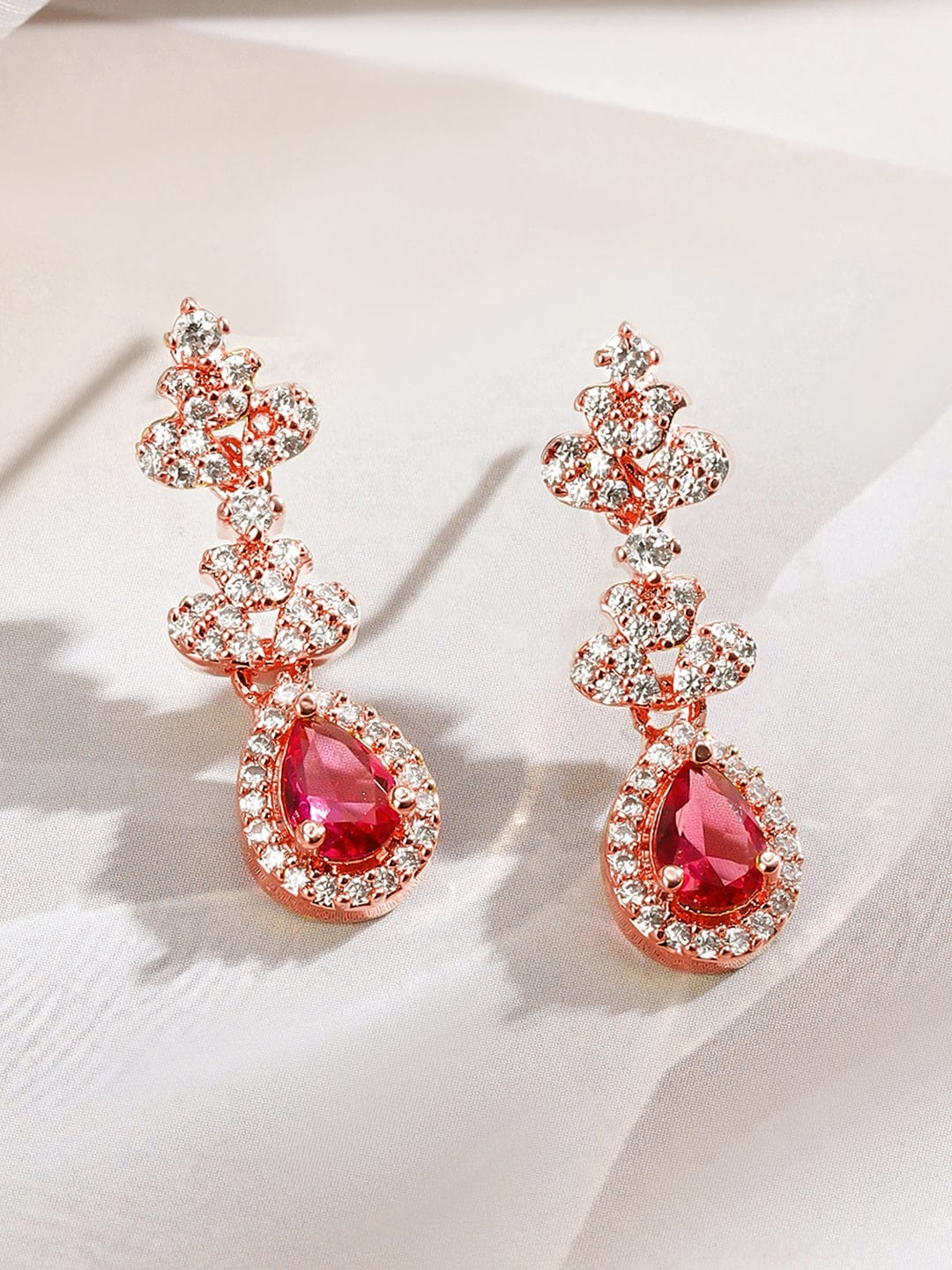 Rubans 22K Rose Gold-Plated Ruby Pink & White Cubic Zirconia Studded Necklace Set with Earrings