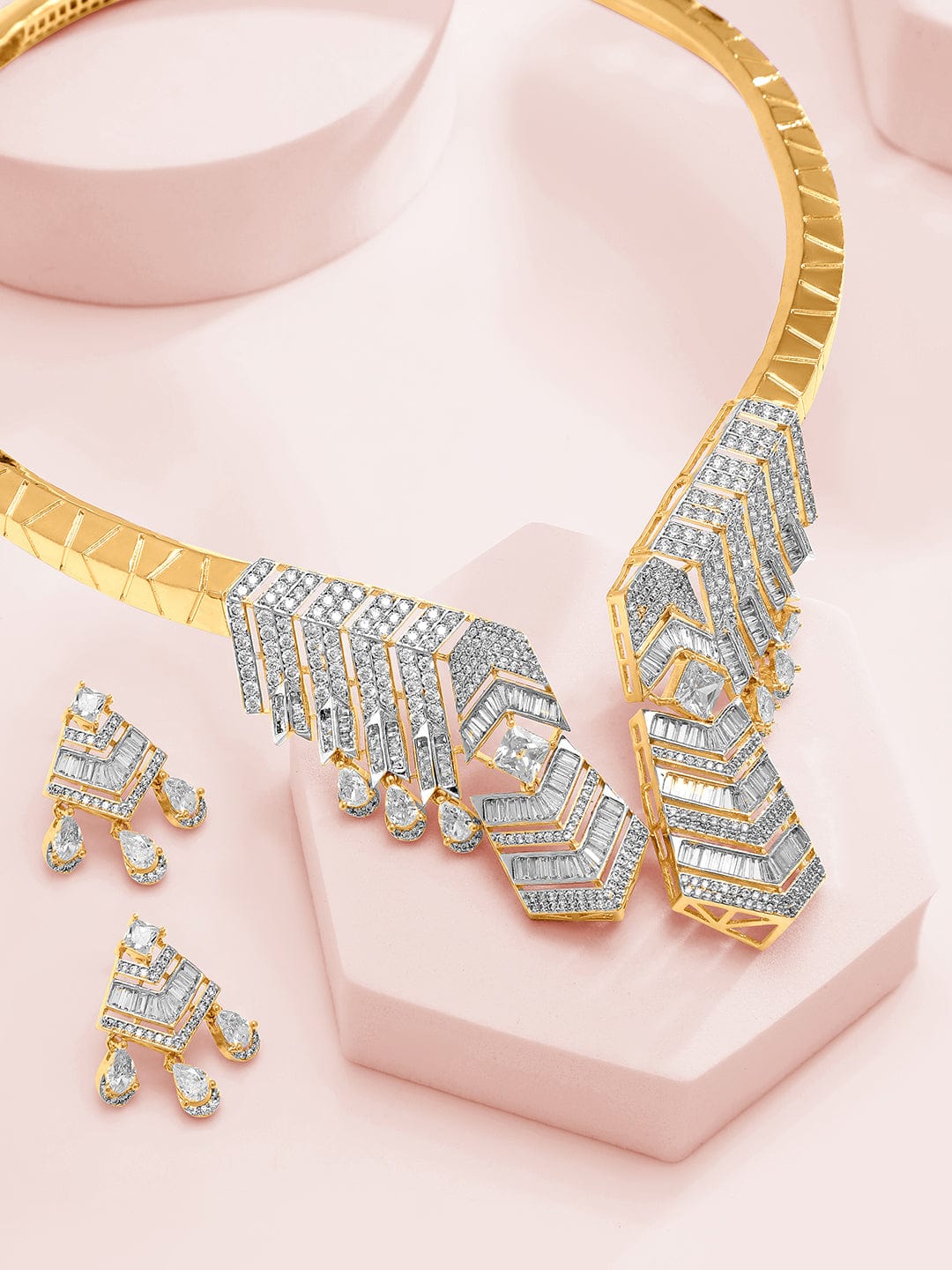 Rubans 24K Gold-Plated AAA Cubic Zirconia Studded Geometric Statement Choker Necklace Set