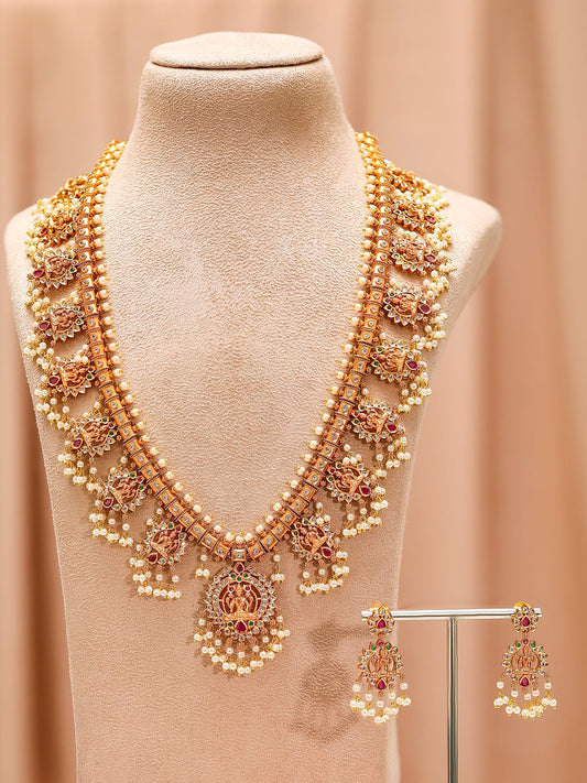 Rubans 24K Gold-Plated Divine Lakshmi Temple Necklace Set with Ruby Stones & Pearls
