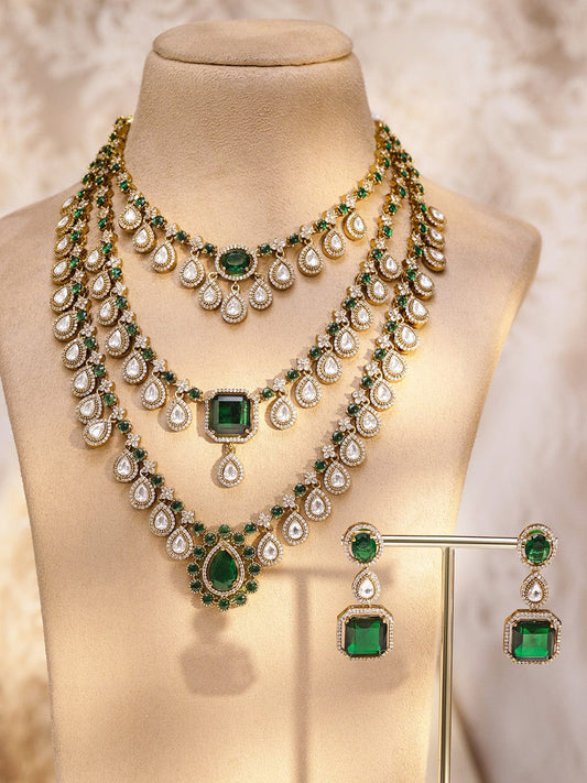 Rubans 24K Gold-Plated Emerald Green & AAA Cubic Zirconia Multi-Layer Bridal Necklace Set