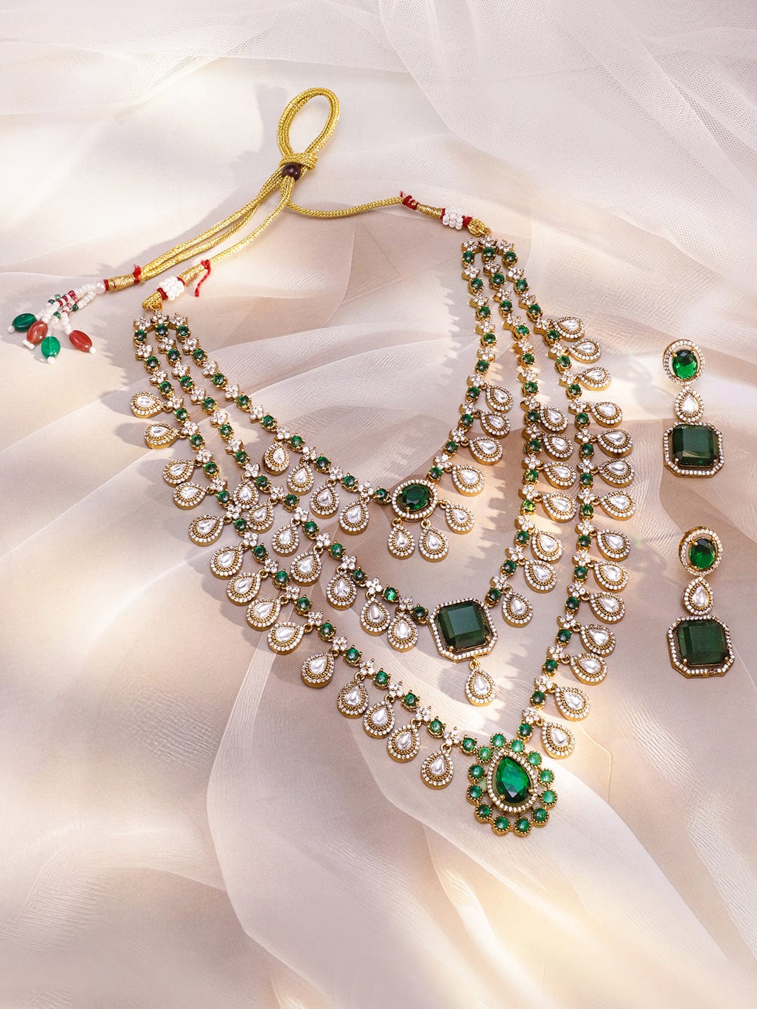 Rubans 24K Gold-Plated Emerald Green & AAA Cubic Zirconia Multi-Layer Bridal Necklace Set