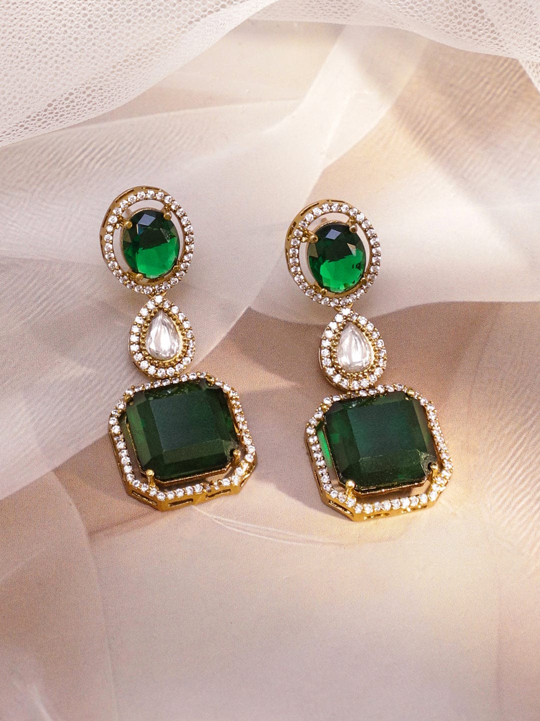 Rubans 24K Gold-Plated Emerald Green & AAA Cubic Zirconia Multi-Layer Bridal Necklace Set