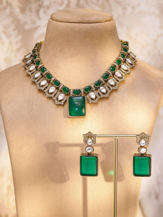 Rubans 24K Gold-Plated Emerald Green Stone & Cubic Zirconia Studded Handcrafted Luxe Statement Necklace Set with Earrings