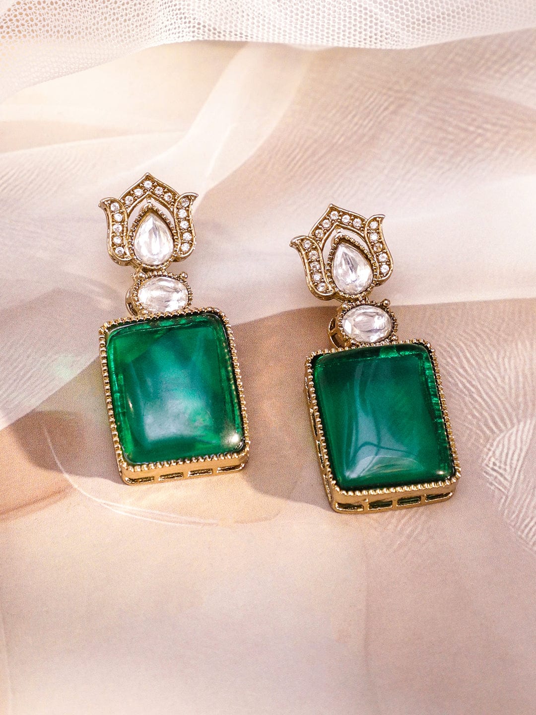 Rubans 24K Gold-Plated Emerald Green Stone & Cubic Zirconia Studded Handcrafted Luxe Statement Necklace Set with Earrings