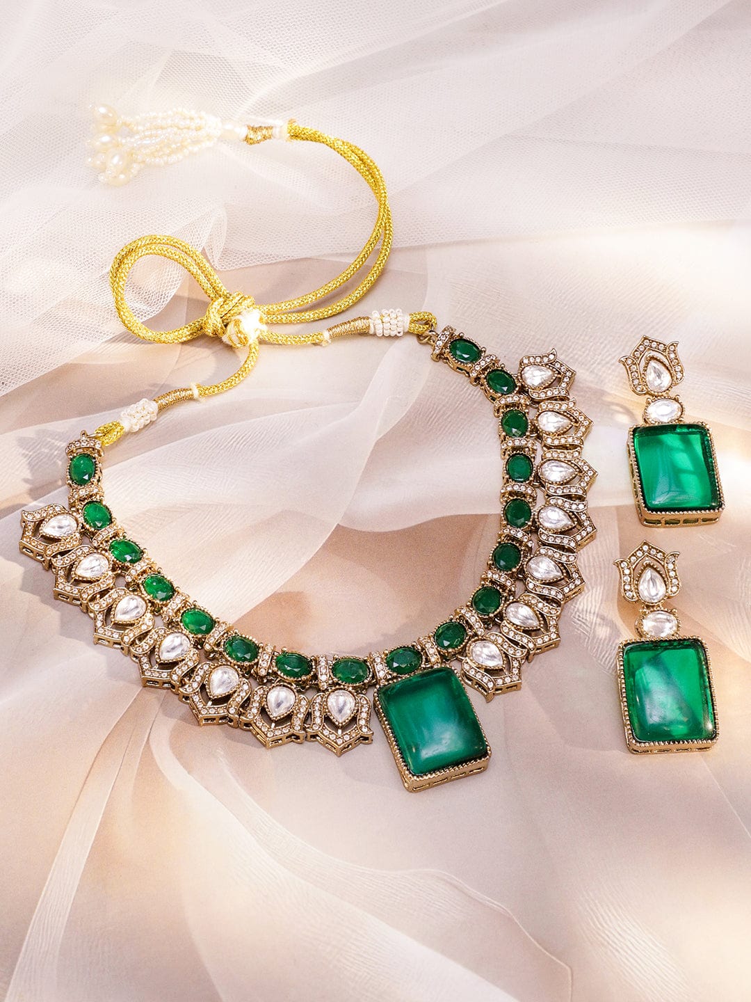 Rubans 24K Gold-Plated Emerald Green Stone & Cubic Zirconia Studded Handcrafted Luxe Statement Necklace Set with Earrings