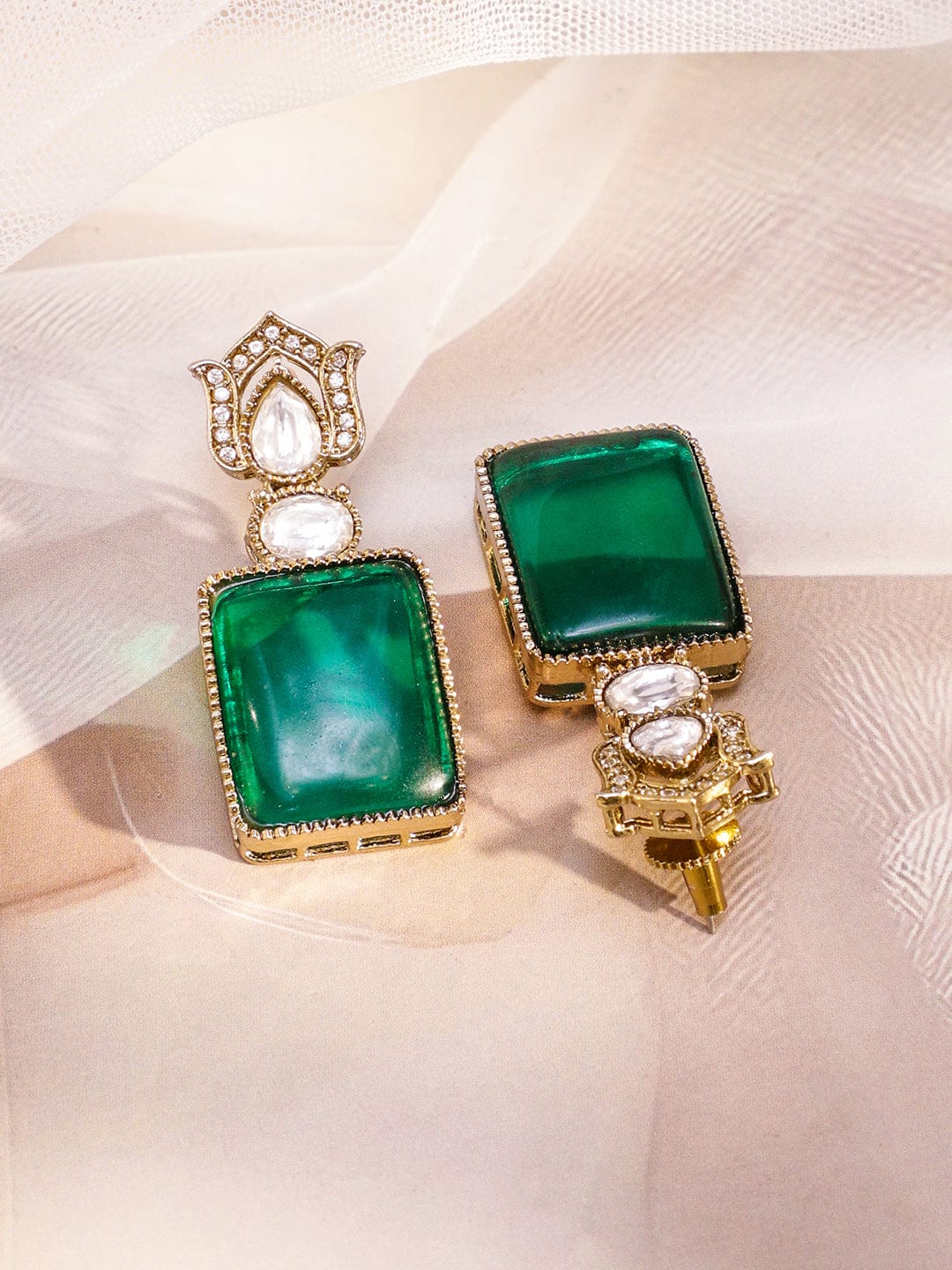 Rubans 24K Gold-Plated Emerald Green Stone & Cubic Zirconia Studded Handcrafted Luxe Statement Necklace Set with Earrings