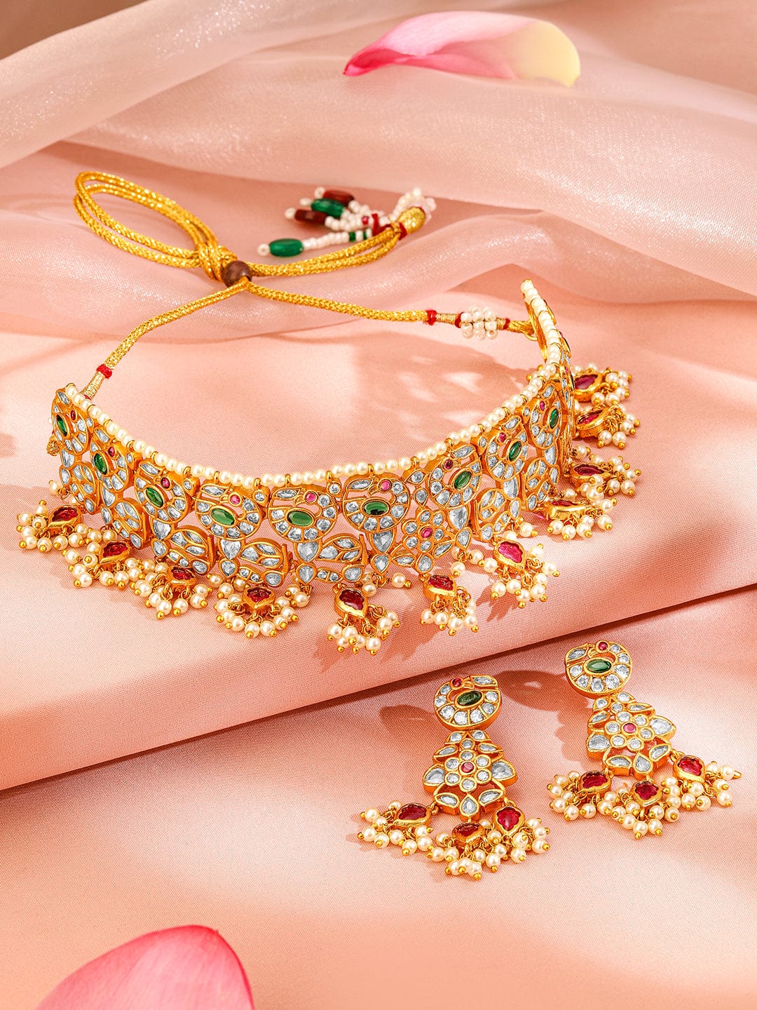 Rubans 24K Gold-Plated Emerald & Ruby Studded Pearl Beaded Handcrafted Choker Necklace Set