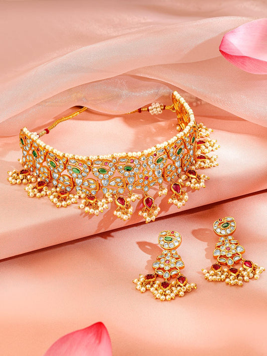 Rubans 24K Gold-Plated Emerald & Ruby Studded Pearl Beaded Handcrafted Choker Necklace Set