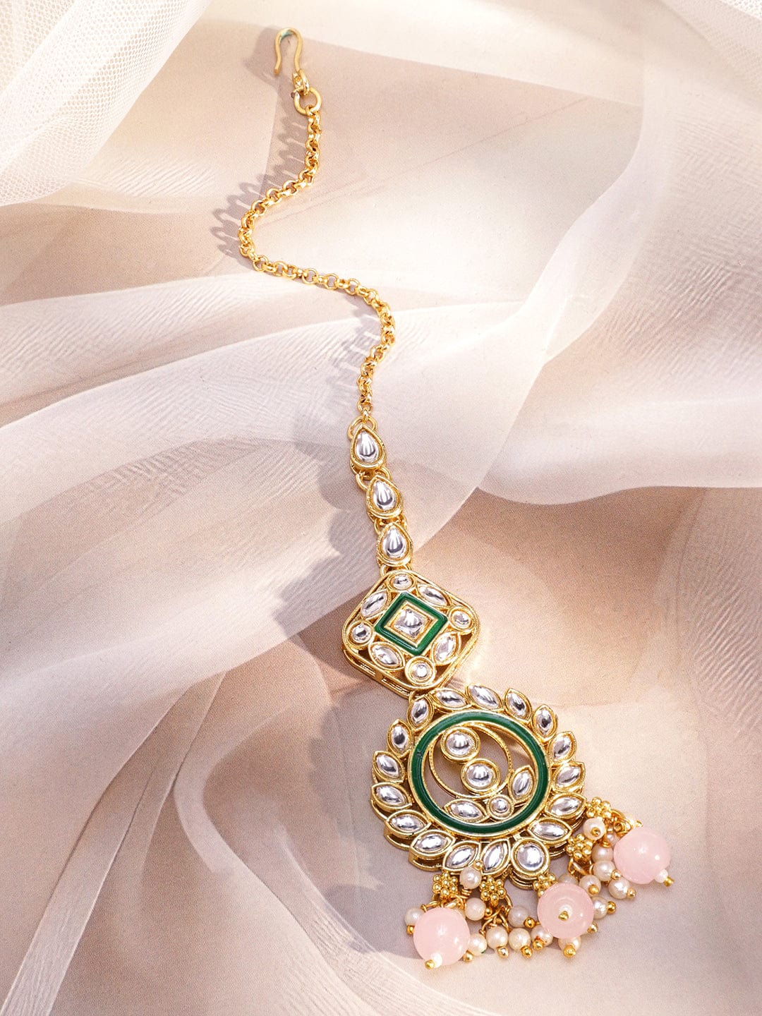 Rubans 24K Gold-Plated Handcrafted White Kundan Necklace Set with Green Enamel Detailing & Pastel Pink Pearl Beads