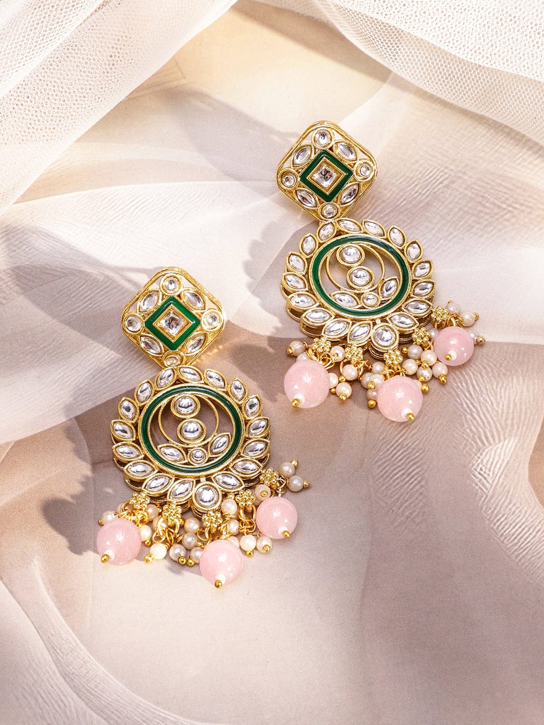 Rubans 24K Gold-Plated Handcrafted White Kundan Necklace Set with Green Enamel Detailing & Pastel Pink Pearl Beads