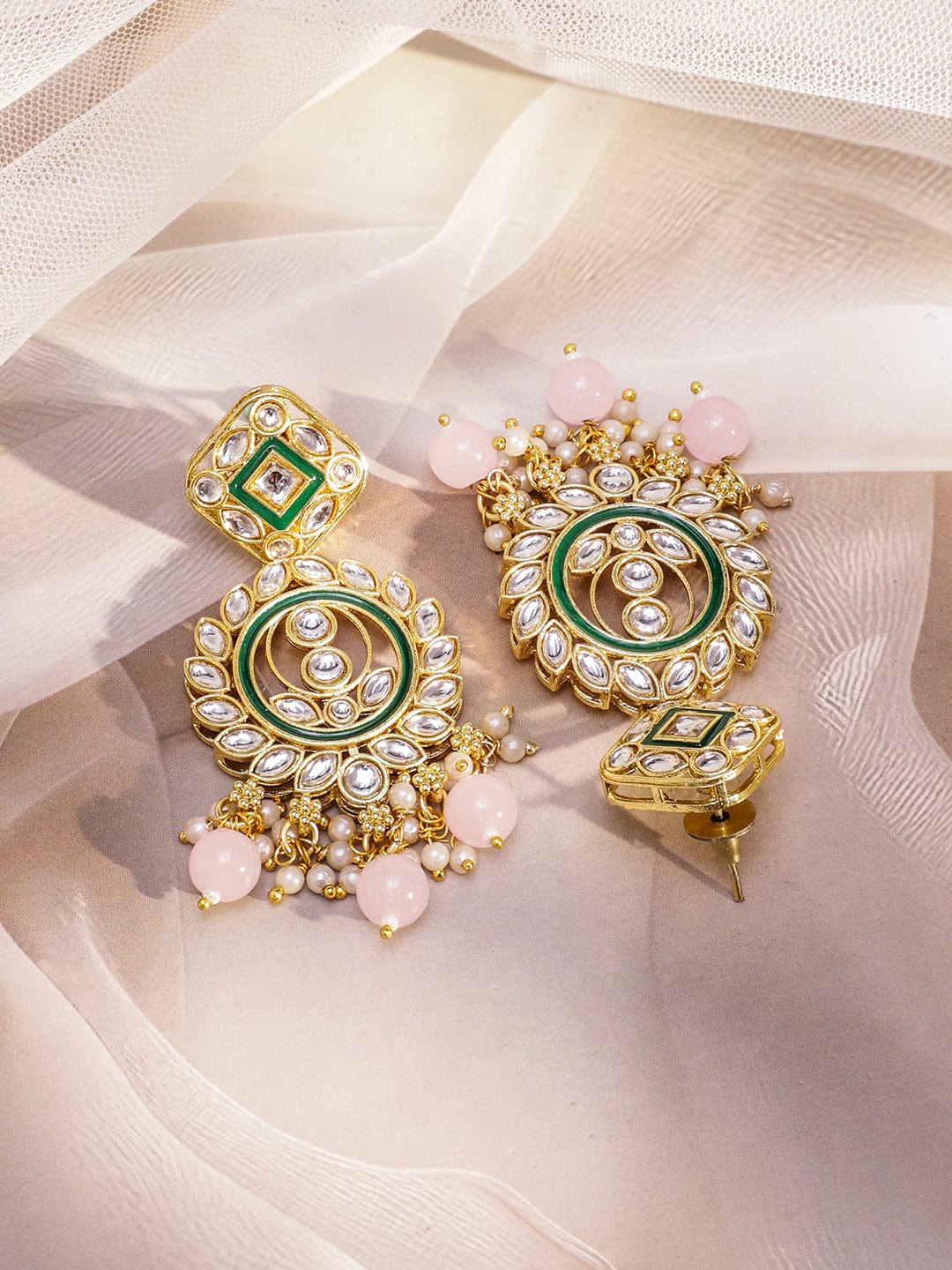 Rubans 24K Gold-Plated Handcrafted White Kundan Necklace Set with Green Enamel Detailing & Pastel Pink Pearl Beads