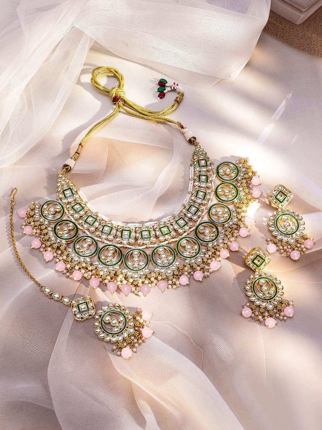 Rubans 24K Gold-Plated Handcrafted White Kundan Necklace Set with Green Enamel Detailing & Pastel Pink Pearl Beads