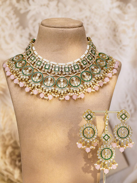 Rubans 24K Gold-Plated Handcrafted White Kundan Necklace Set with Green Enamel Detailing & Pastel Pink Pearl Beads