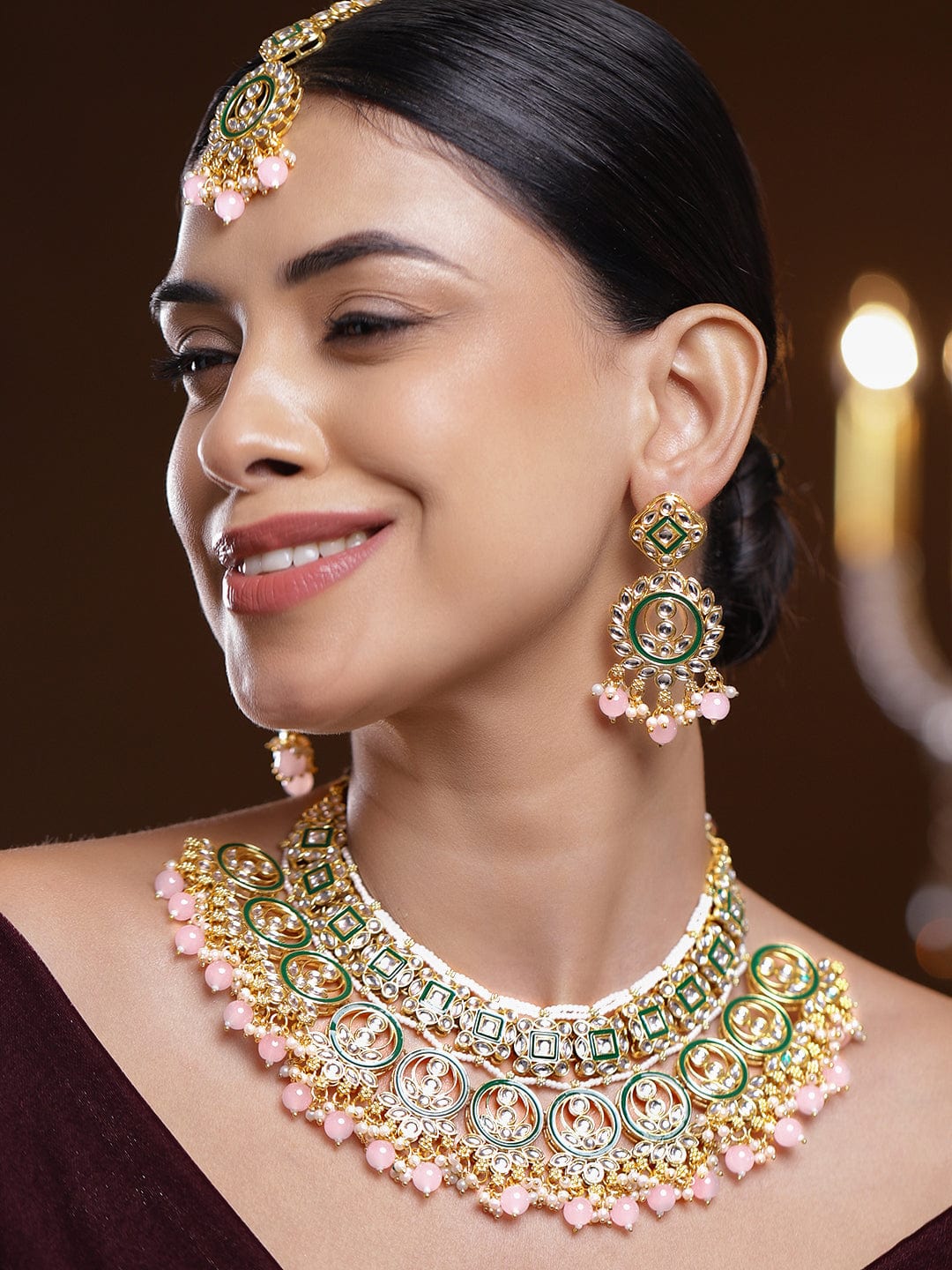 Rubans 24K Gold-Plated Handcrafted White Kundan Necklace Set with Green Enamel Detailing & Pastel Pink Pearl Beads
