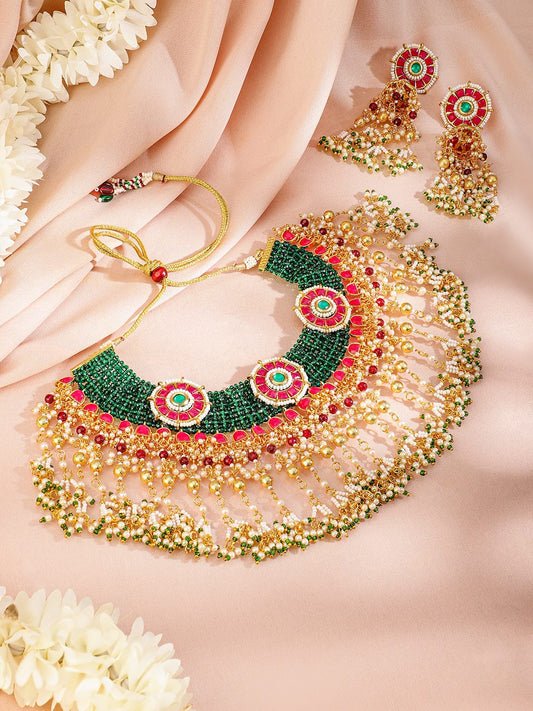 Rubans 24K Gold-Plated Kundan & Beaded Handcrafted Ruby, Emerald & Pearl Necklace Set