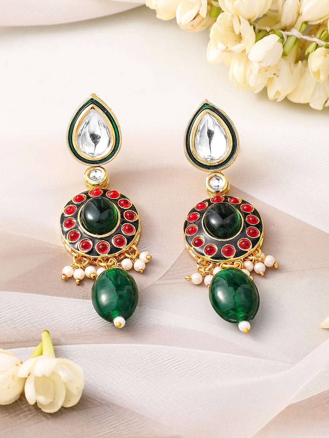 Rubans 24K Gold-Plated Kundan & Green Beaded Choker Necklace Set with Red Stone Accents