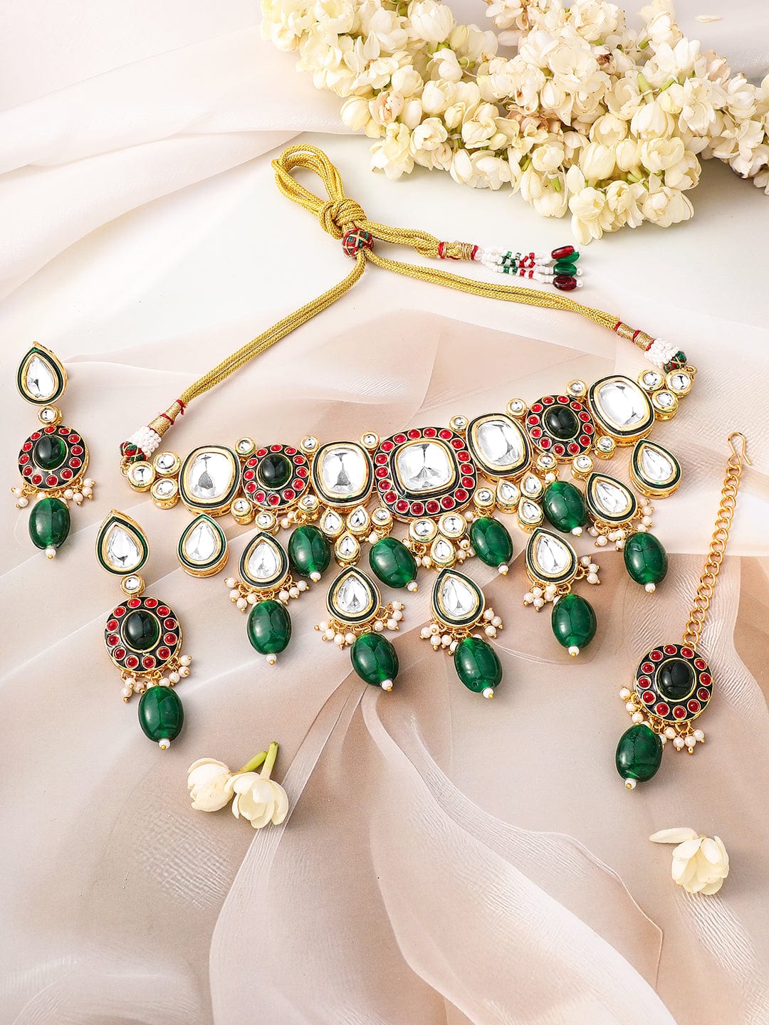 Rubans 24K Gold-Plated Kundan & Green Beaded Choker Necklace Set with Red Stone Accents
