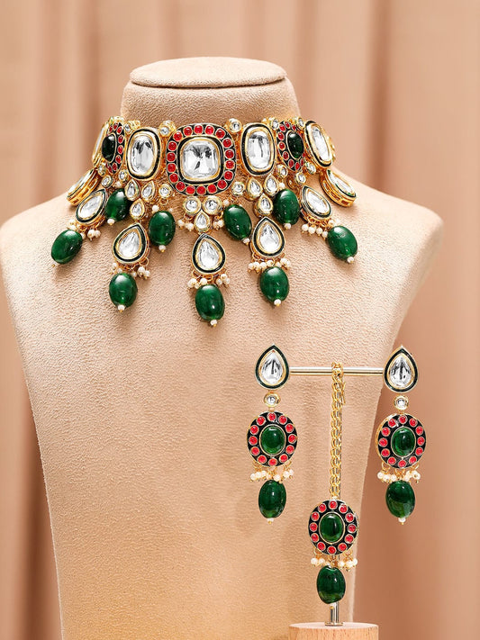 Rubans 24K Gold-Plated Kundan & Green Beaded Choker Necklace Set with Red Stone Accents