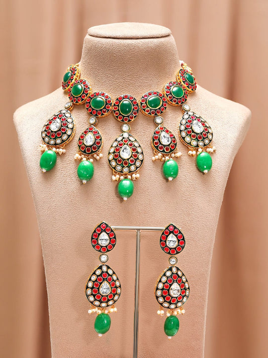Rubans 24K Gold-Plated Kundan & Green Beaded Choker Necklace Set with Red Stone Detailing