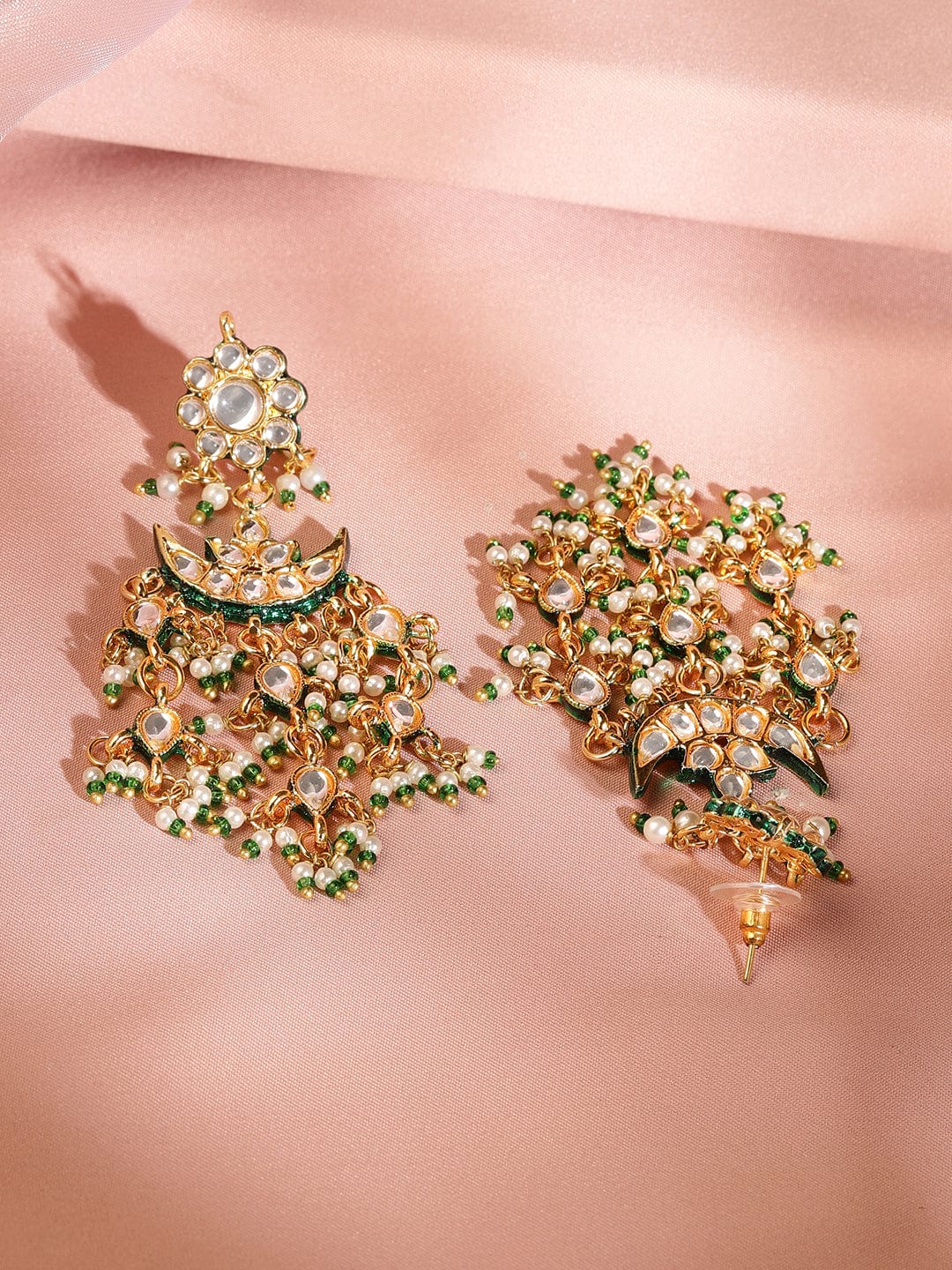 Rubans 24K Gold Plated Kundan & Green Beaded Handcrafted Layered Necklace Set with Earring