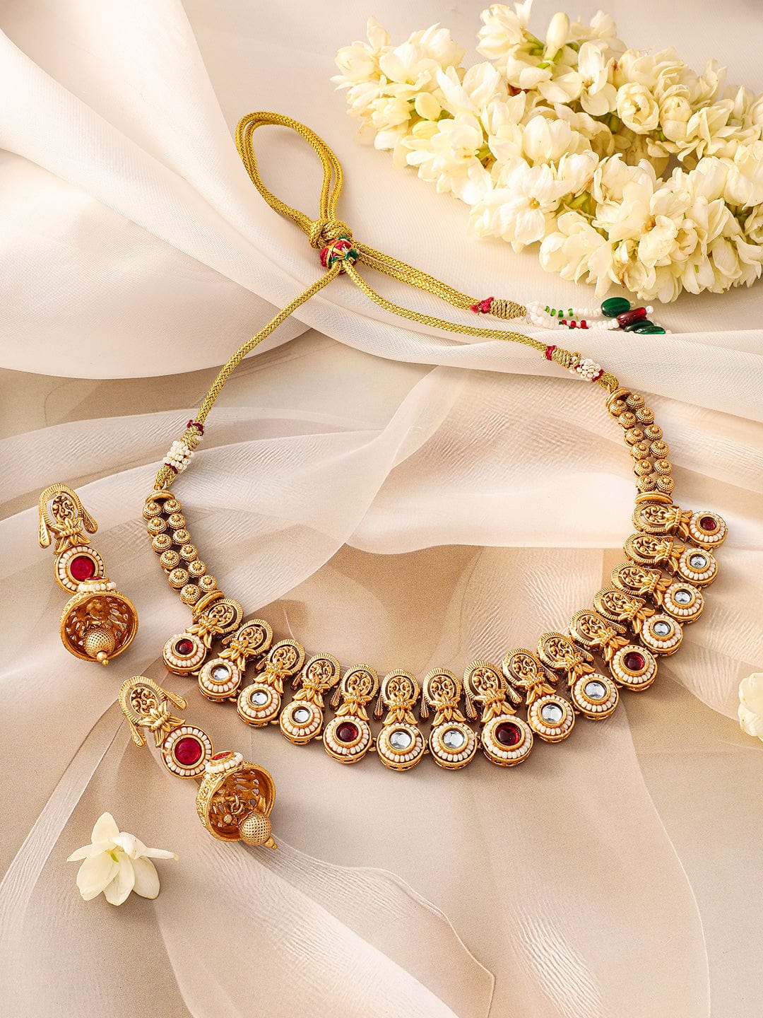 Rubans 24K Gold-Plated Kundan Stone-Studded Necklace and Earrings