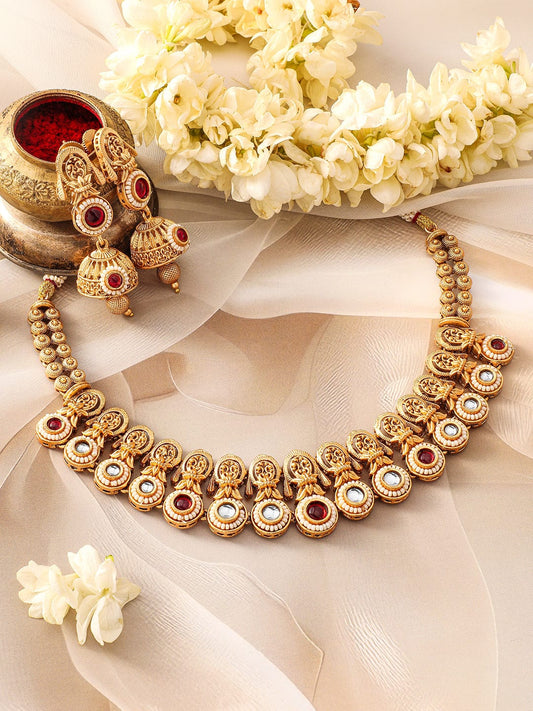 Rubans 24K Gold-Plated Kundan Stone-Studded Necklace and Earrings
