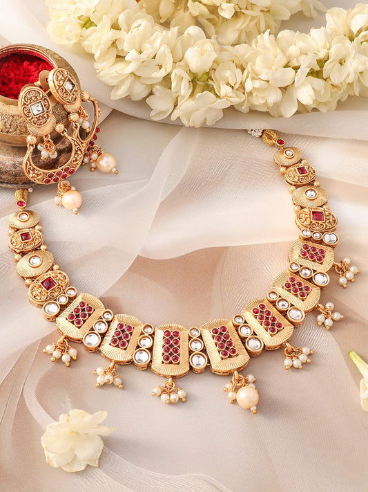 Rubans 24K Gold-Plated Ruby, Kundan Studded & Pearl Drops Rectangle Motif Necklace Set